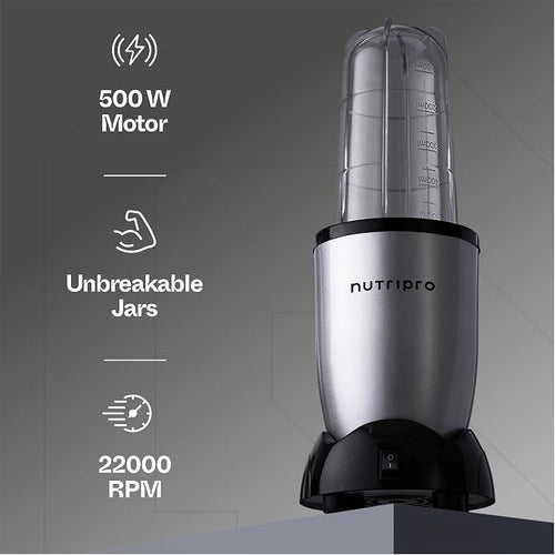 NutriPro Juicer Mixer Grinder - Smoothie Maker - 500 Watts (2 Jars & 1 Blade, Silver) - 2 Year Warranty